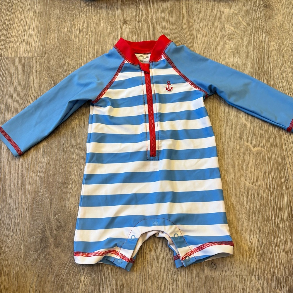 5/$20 LITTLE ME Rashguard Swimsuit Blue White Striped Size 12 Months